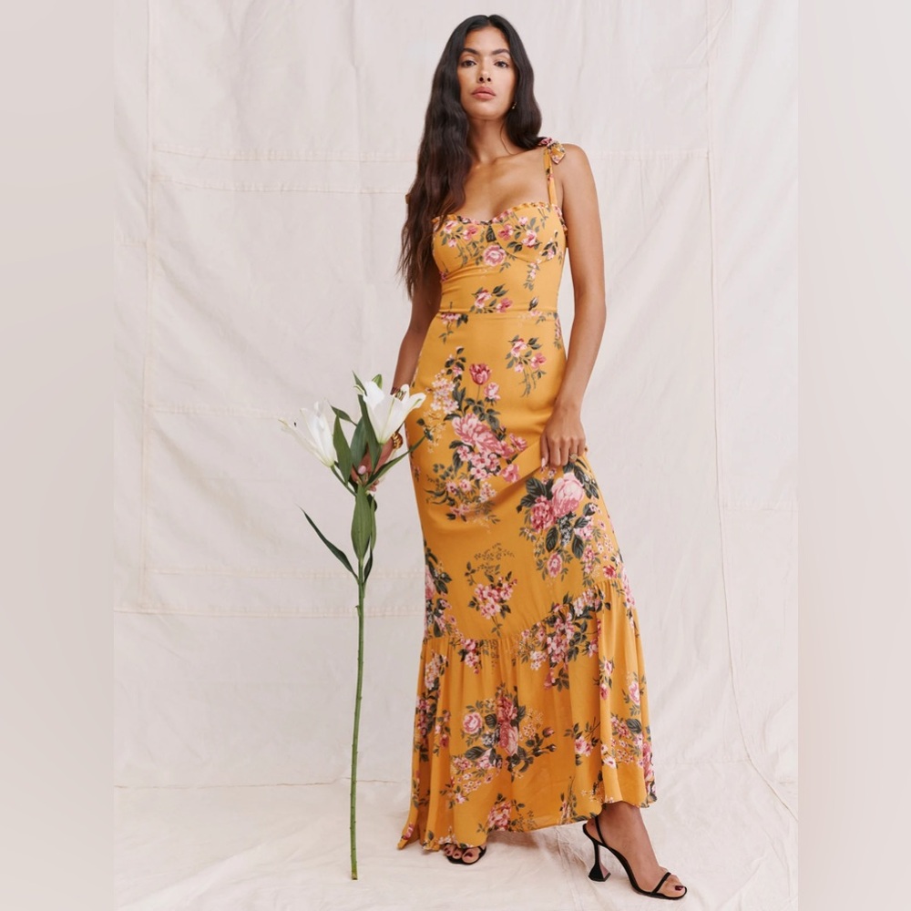 Reformation Jansen dress in yellow pattern (Anjelica) sweetheart maxi size 4